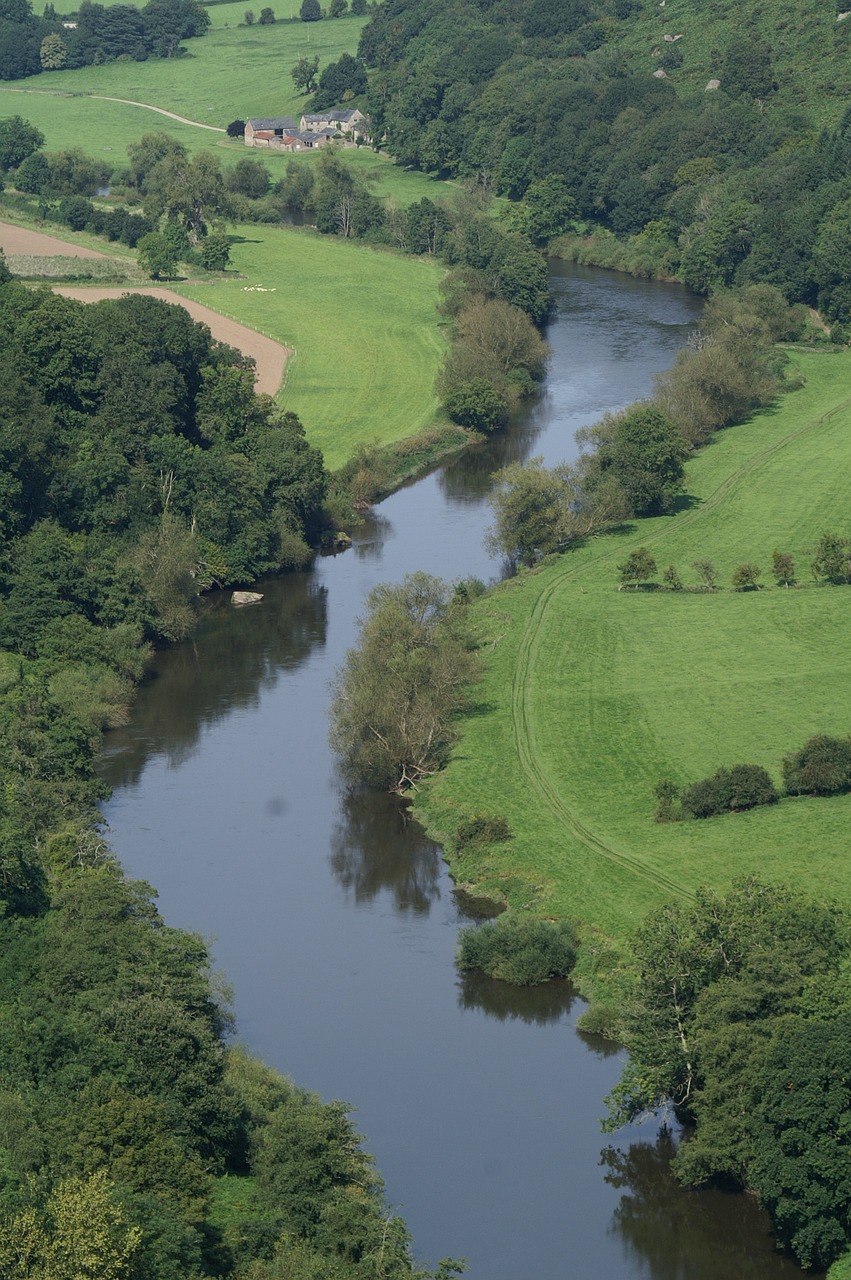 Fluss umgeben von grünen  Wiesen und Bäumen