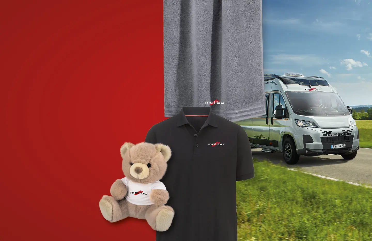 Montage der Malibu-Merchandise-Artikel, bestehend aus einem Teddybären, einem Polo-Shirt und einem Handtuch, zusammen mit einem Malibu Van.