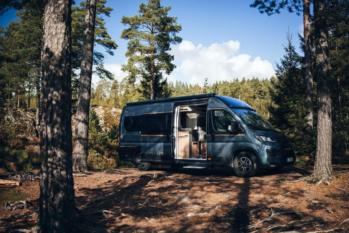 Malibu Van in einem Waldstück in Norwegen.